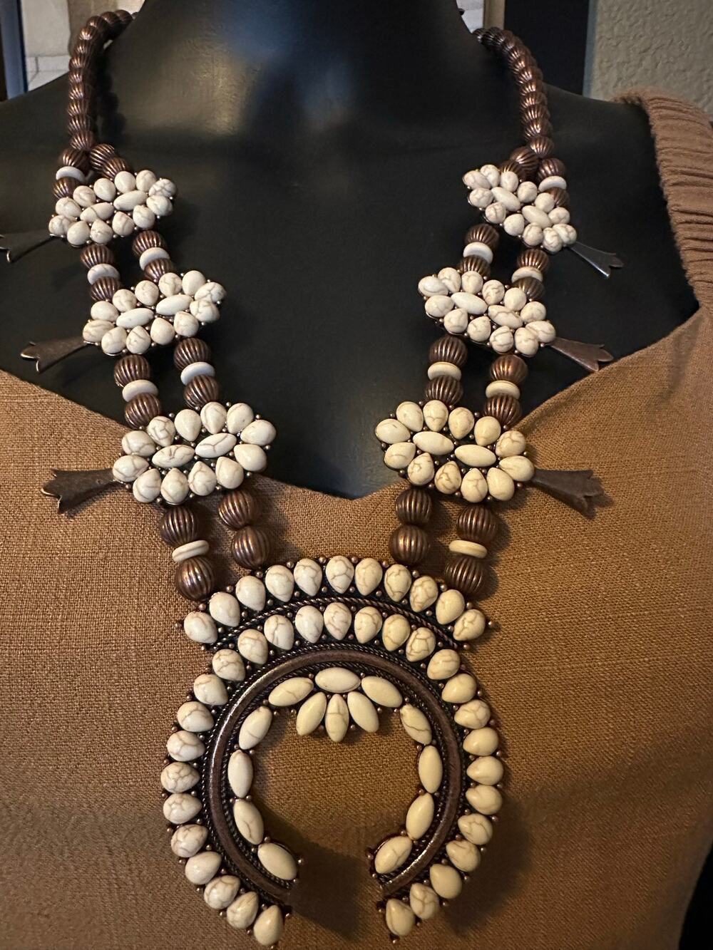EMMA Southwestern White Stone & Copper Squash Blossom Necklace and Earring Set